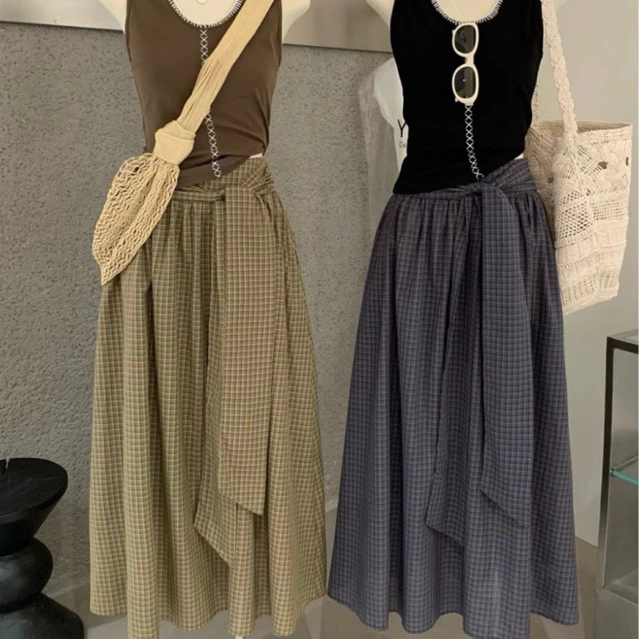 V91-[SANSAN]-Chân Váy Kẻ Hai Tầng Vạt Nơ Chất Thô Mềm-Nhẹ Nhàng, Hottrend Summer 2026