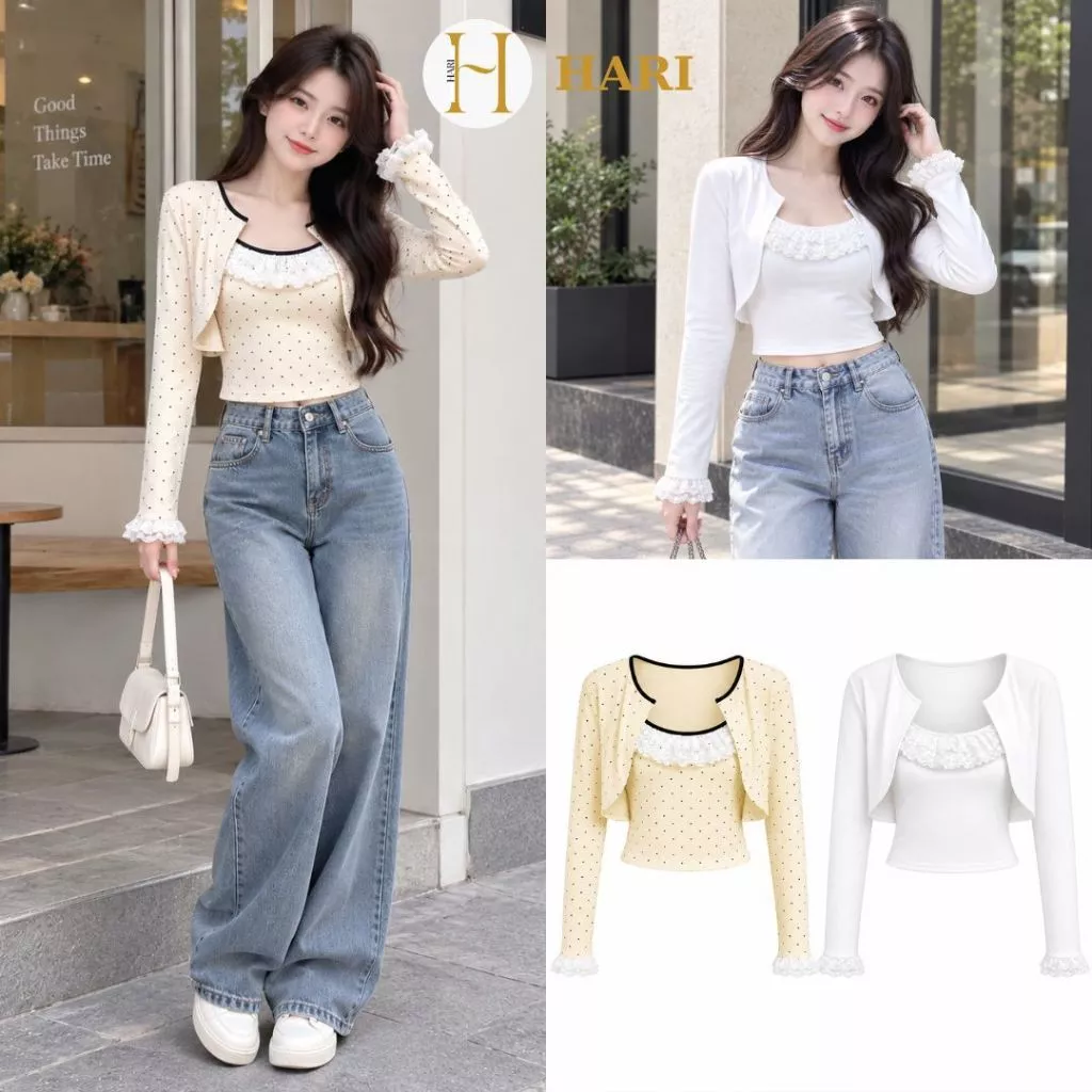 Set 2 Món Áo 2s Dây Kèm Cardigan Tim Nữ Phối Ren, Set Áo Nữ 2 Món Mỏng Mềm Co Dãn 4 Chiều A63 Hari