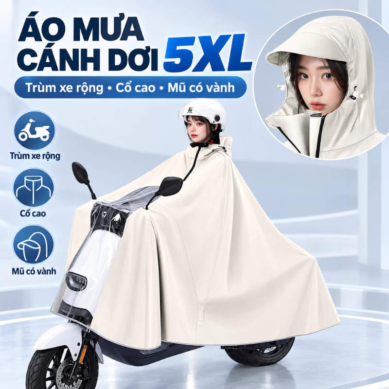 Áo Mưa 1 Đầu Cánh Dơi Xe Máy 5XL Vải Oxford Dày Dặn Có Kính Che Mặt Kèm Bọc Gương