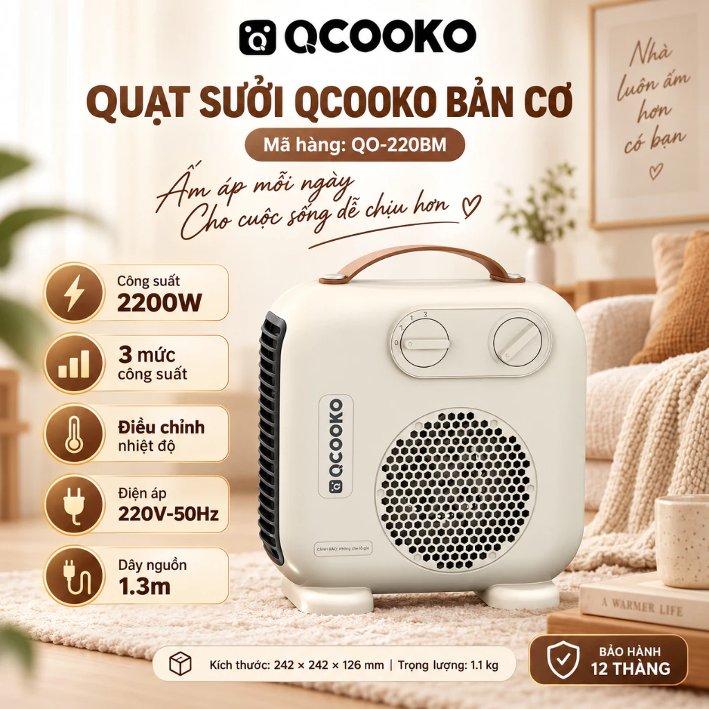Quạt sưởi QCOOKO 2200W QO-220BR máy sưởi mini để bàn 3 chế độ làm ấm nhanh điều chỉnh nhiệt độ có điều khiển từ xa