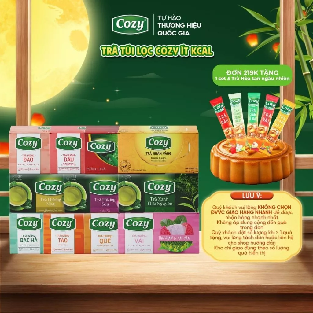 Trà Túi Lọc Cozy Trung Thu Uống Trà Ô Long, Xanh, Nhài, Gừng, Hồng Trà, Sen, Đào, Dâu, Vải, Quế  Hộp 25 Gói