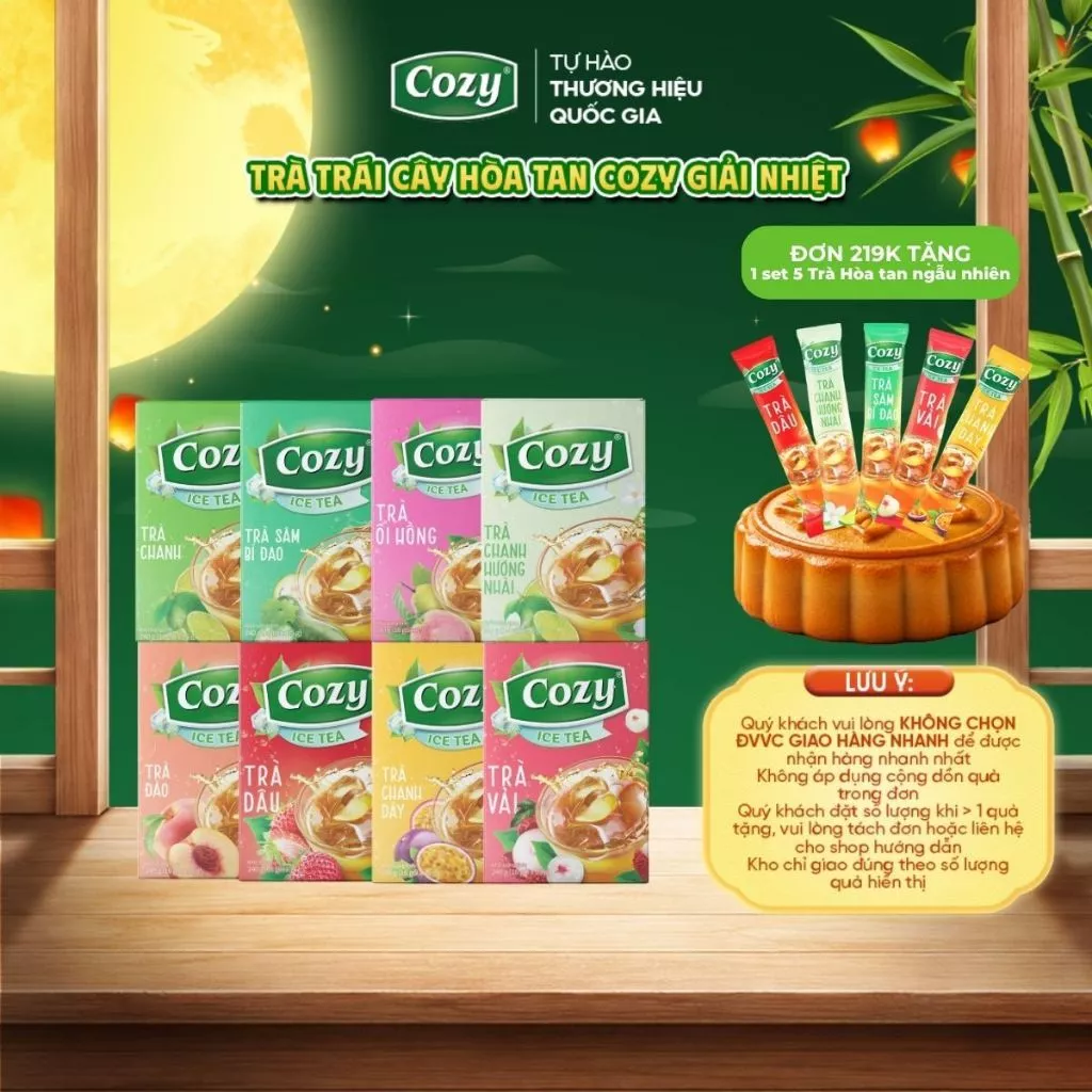 Trà Cozy Trà Đen Hòa Tan Các Vị Trái Cây Trà Đào, Gừng, Chanh, Vải, Dâu, Ổi hồng, Chanh dây, Sâm Bí Đao
