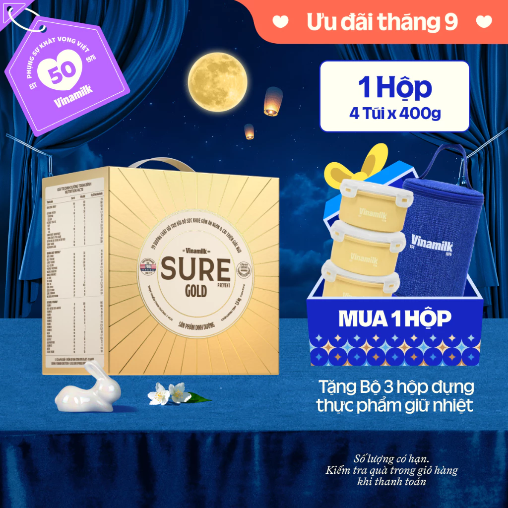Sữa bột cho người lớn tuổi Vinamilk Sure Prevent 1600g (4 túi x 400g) - Hộp giấy