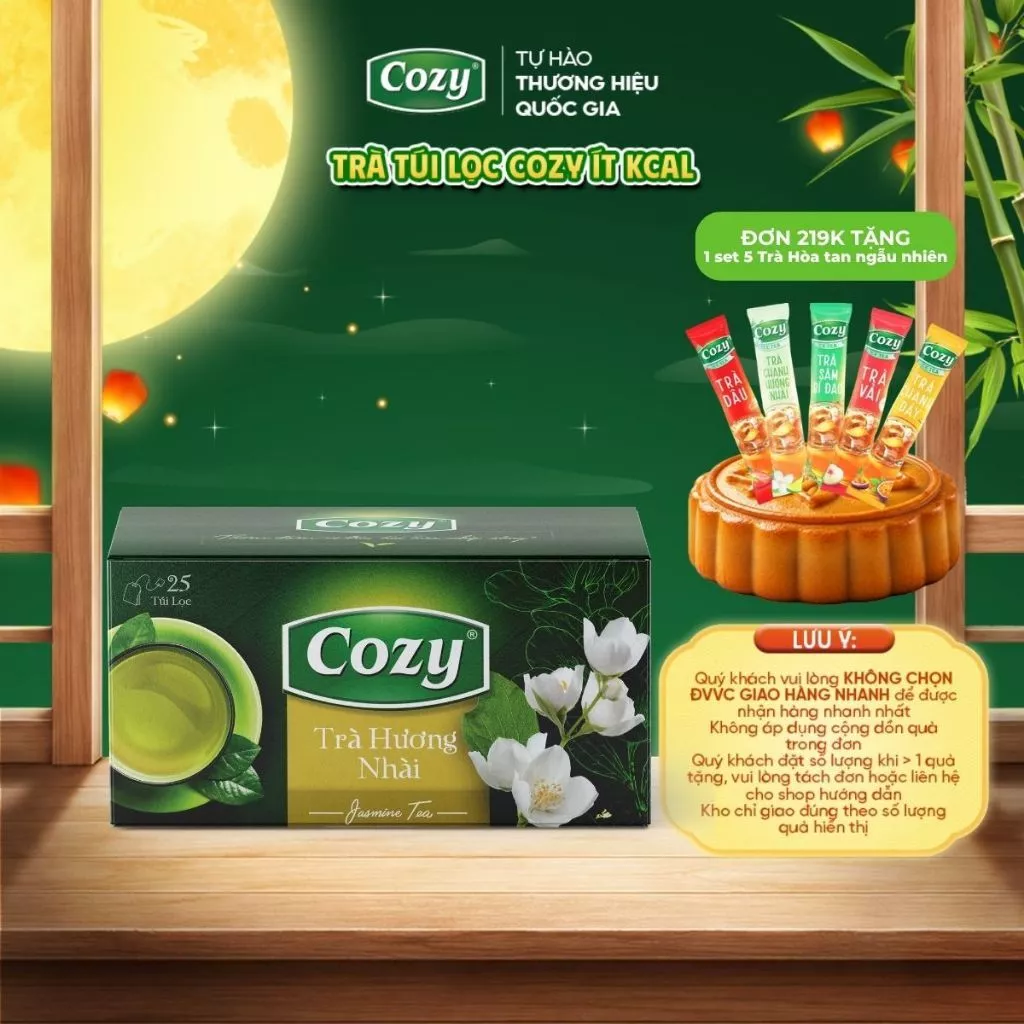 Trà Xanh Hương Nhài Túi Lọc Cozy Set Trà Trung Thu,  Hương Vị Thơm Mát Hỗ Trợ Giải Nhiệt Thanh Lọc (25 túi lọc x 2gr)