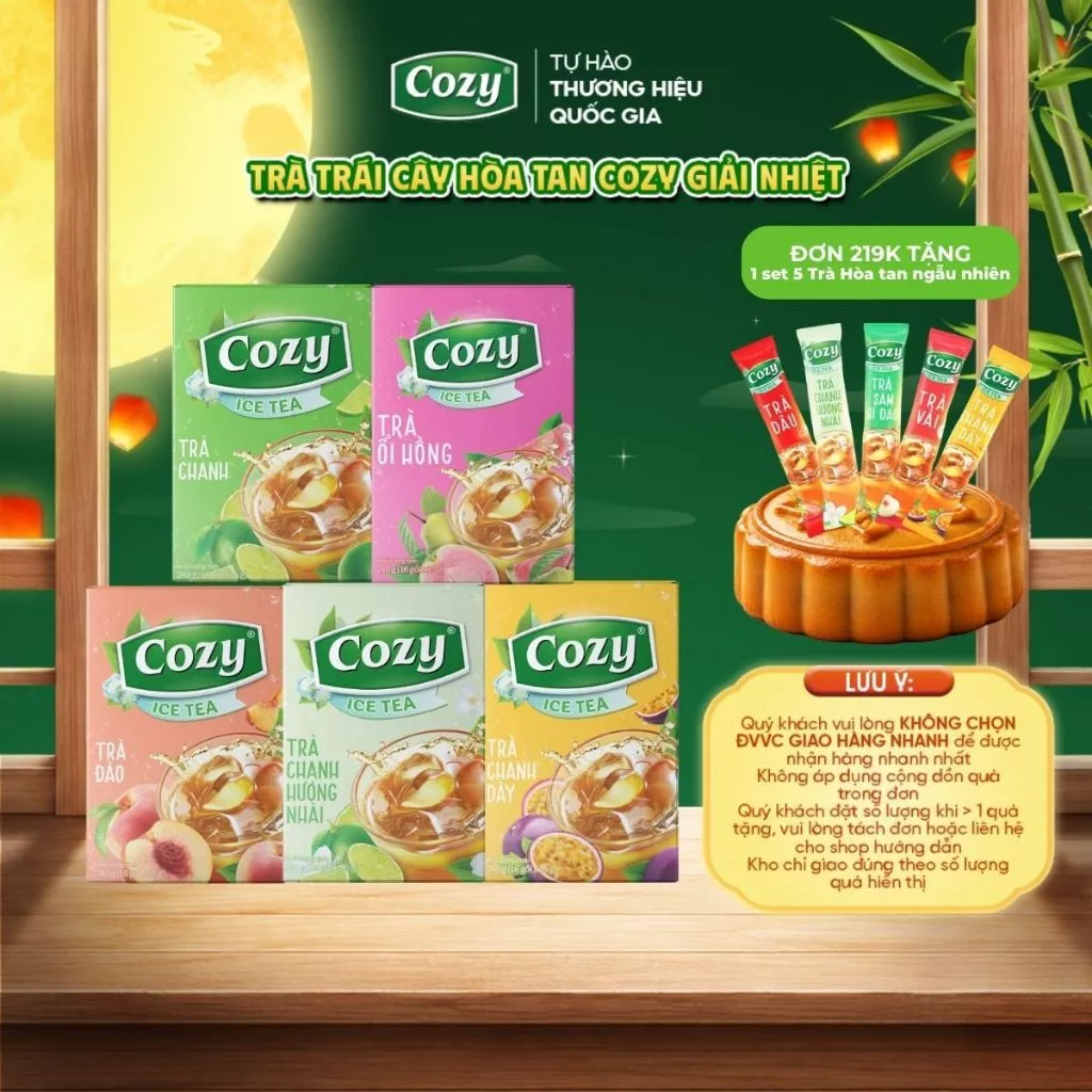 Combo Mix 5 Vị Trà Hoa Quả Hòa Tan Cozy: Trà Đào, Trà Dâu, Trà Vải, Trà Chanh, Trà Sâm Bí Đao