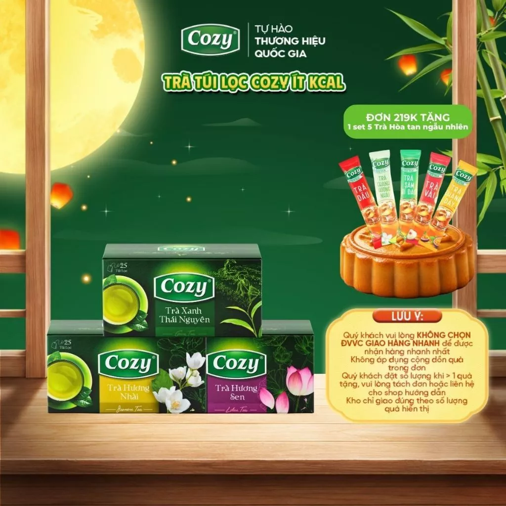 Combo Trà Túi Lọc Cozy Trung Thu 3 Vị Trà Nhài, Trà Sen, Trà Xanh Thái Nguyên Cân Bằng Vị Giải Ngấy Ít Calo Hộp 25 Gói