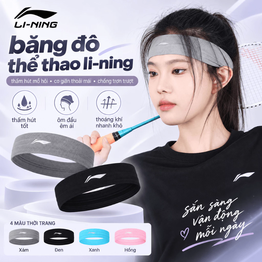 Băng đô thể thao Shiwei Lining, thiết kế co giãn mềm mại thấm hút mồ hôi LDEU369