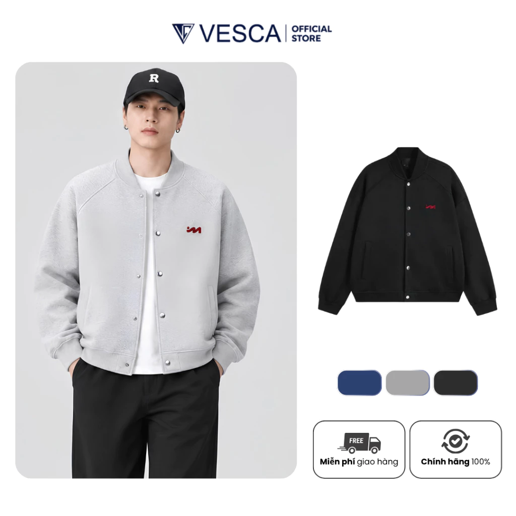 Áo Khoác Bomber Unisex Vải Nỉ Dày Dặn Không Xù Lông Form Boxy Vesca Thêu Chữ Nổi Mùa Đông M46