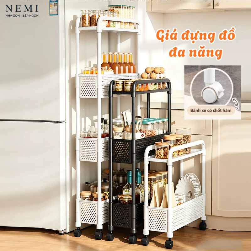 Kệ Đựng Đồ Khe Hẹp Đa Năng NEMI, Giá Nhựa Đựng Đồ Có Bánh Xe, Sắp Xếp Gọn Gàng Cho Nhà Bếp,Phòng Ngủ