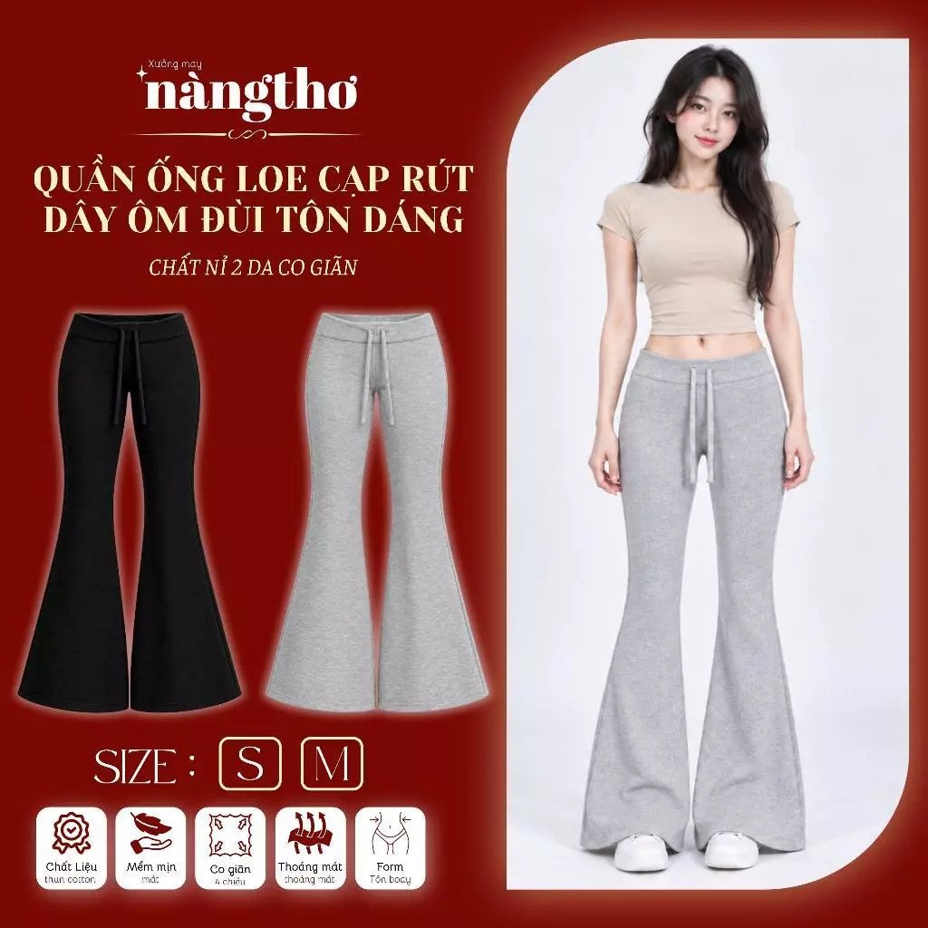 1304 Quần Nữ Dáng Dài Cạp Trễ Ống Loe Dây Rút Ôm Đùi Tôn Dáng Chất Nỉ 2 Da Co Dãn