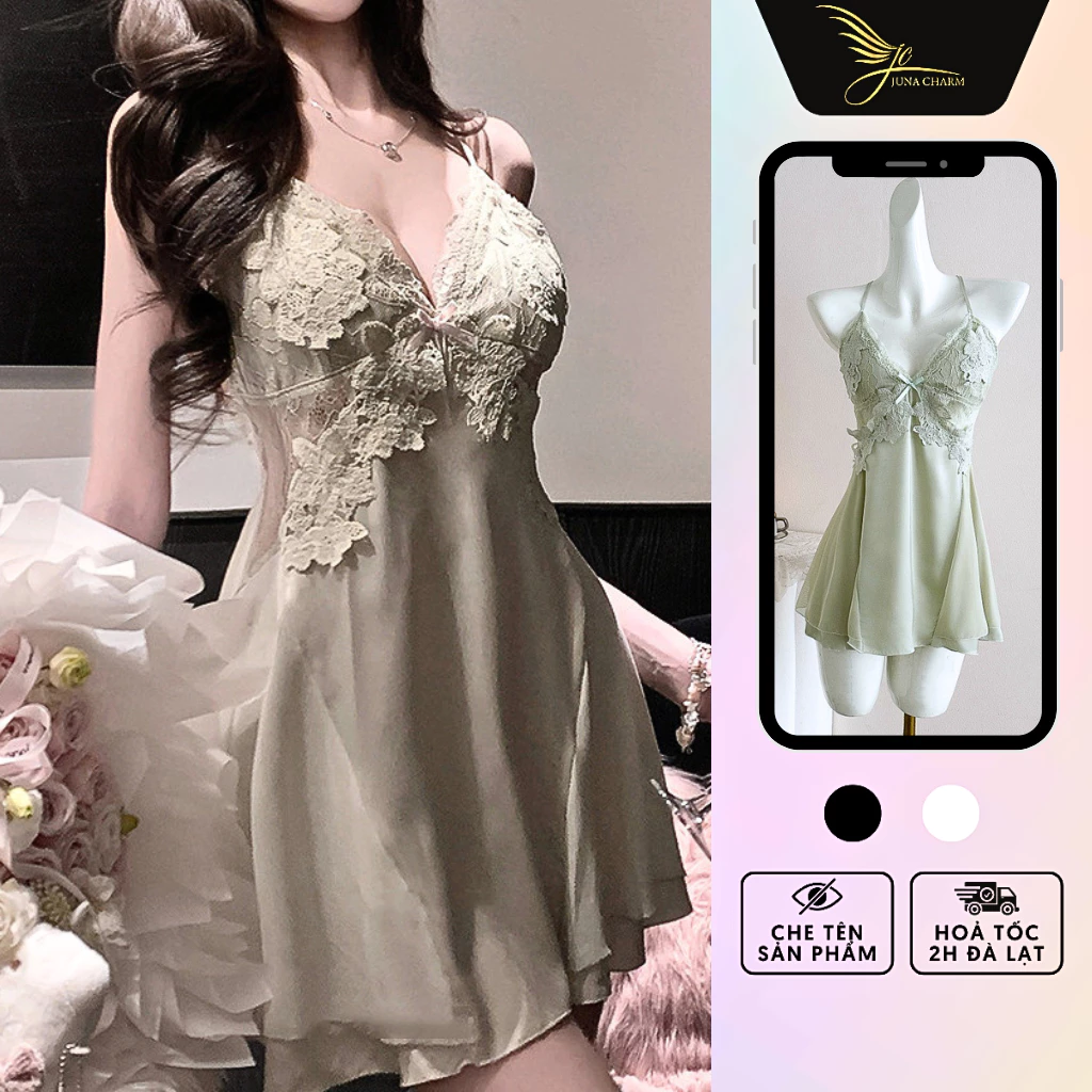 Váy Ngủ 2 Dây, Đầm Ngủ Dáng Xòe JUNA Freesize Thời Trang Đồ Ngủ Dành Cho Nữ, Chất Vải Lụa Phối Ren Voan, Màu Xanh/SP7122