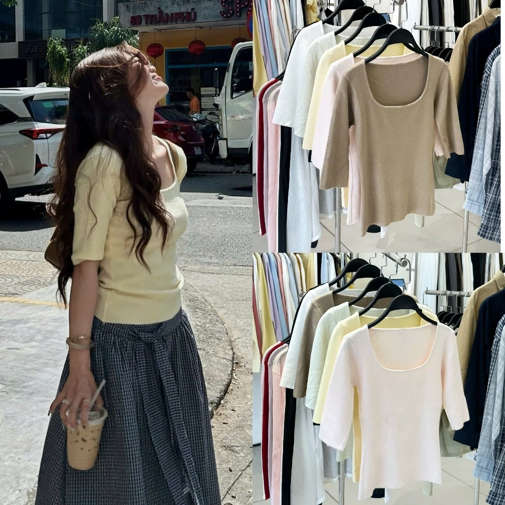 (ẢNH OLDSCHOOL) Áo len nữ cổ U tay lỡ dáng ôm A10097