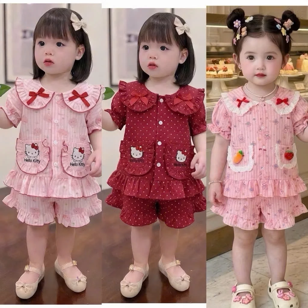 (XẢ KHO) Bộ Pijama cộc tay túi cho bé gái - Set Babydoll Cổ Cánh Tiên Phối Nơ Bèo Mềm Mát (10-27kg) bộ đồ mặc ở nhà