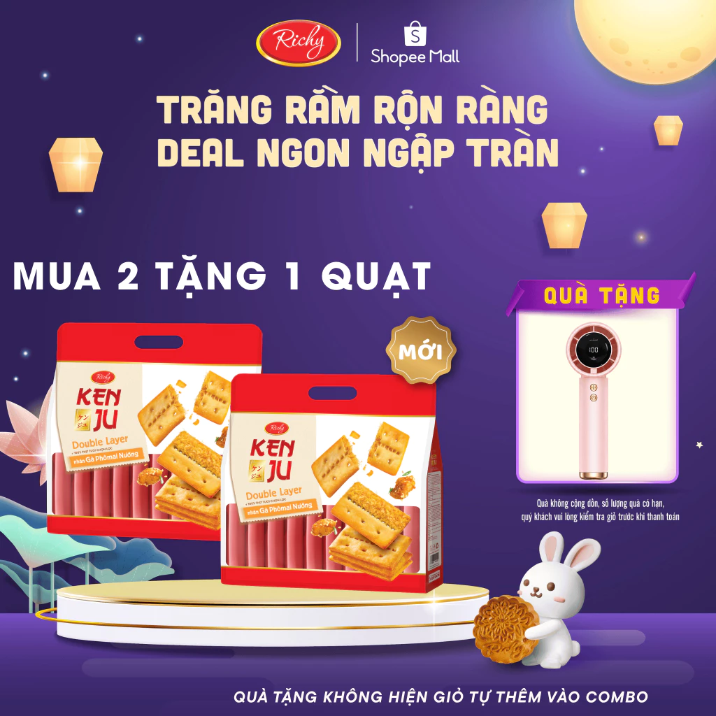 [MUA 2 TẶNG 1 QUẠT] Combo 2 Kenju Gà Nướng Phô Mai, Kenju 2 Lớp Chà Bông, Túi 216g, Bánh Kẹo Richy