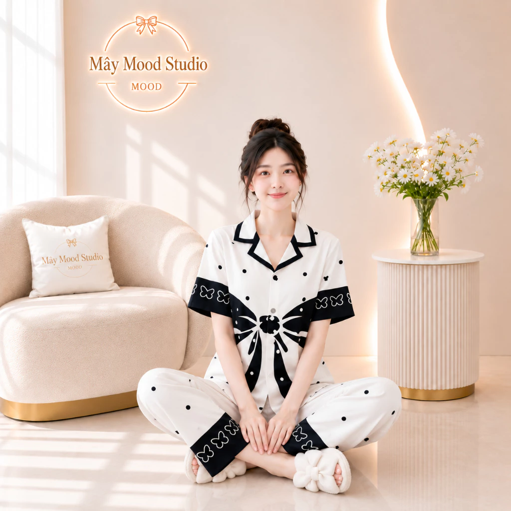 Đồ Bộ Pyjamas Nữ Cộc Dài Chất Lụa Cát Mềm Mịn Họa Tiết In Nơ Cá Tính Màu Trắng Đen Size 40-68kg