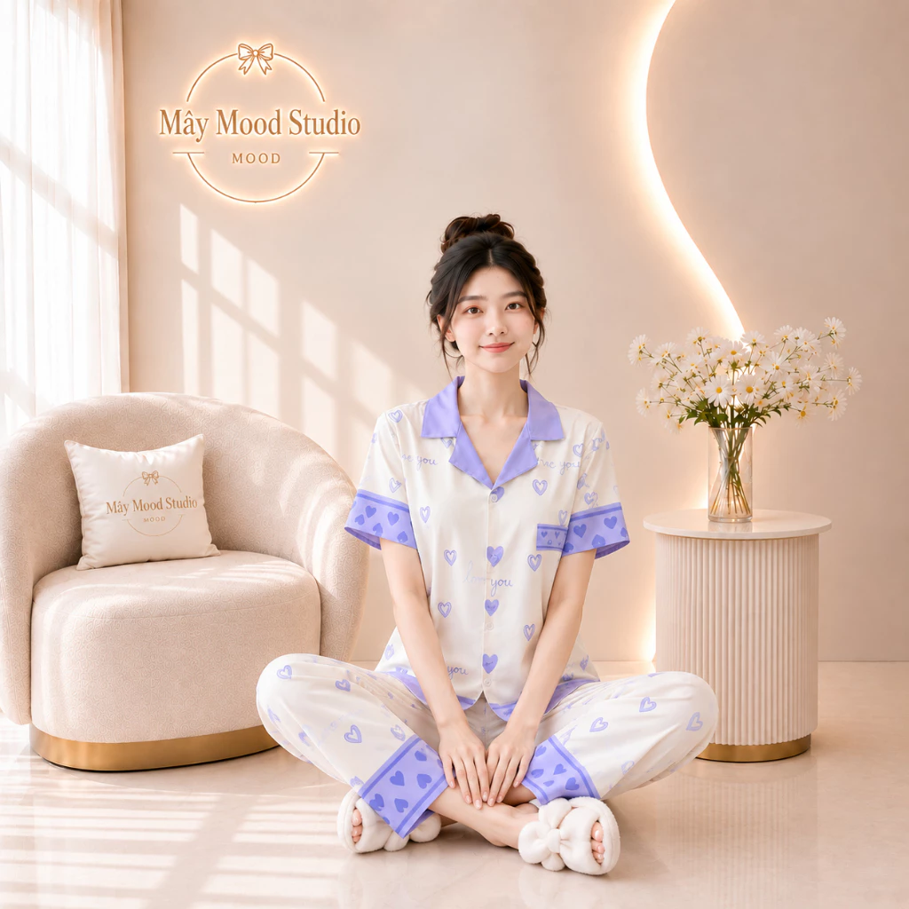 Pyjama Lụa Cát Cộc Dài Cổ Bẻ Màu Sắc Trẻ Trung Họa Tiết In Trái Tim Phong Cách Tiểu Thư Size 40-68kg