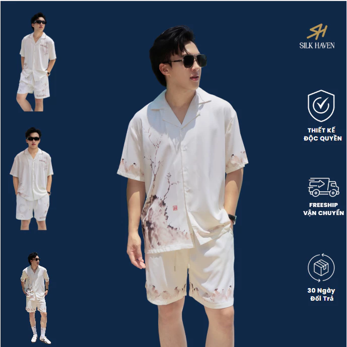 Bộ Pijama Nam lụa cao cấp tay ngắn -SILK HAVEN SN9- Đồ Bộ Lụa  họa tiết cộc tay nam cao cấp
