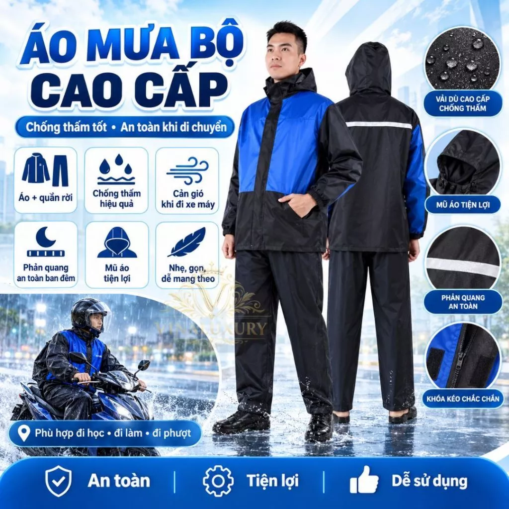 Bộ Quần Áo Mưa Nam Nữ - Áo Mưa Bộ 2 Lớp Chất Liệu Vải Dù Dày Dặn Chống Thấm Nước