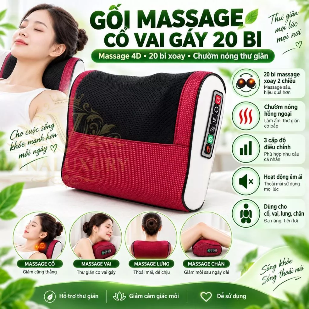 Gối massage cổ vai gáy máy massage hồng ngoại cao cấp hỗ trợ giảm đau mỏi vai gáy