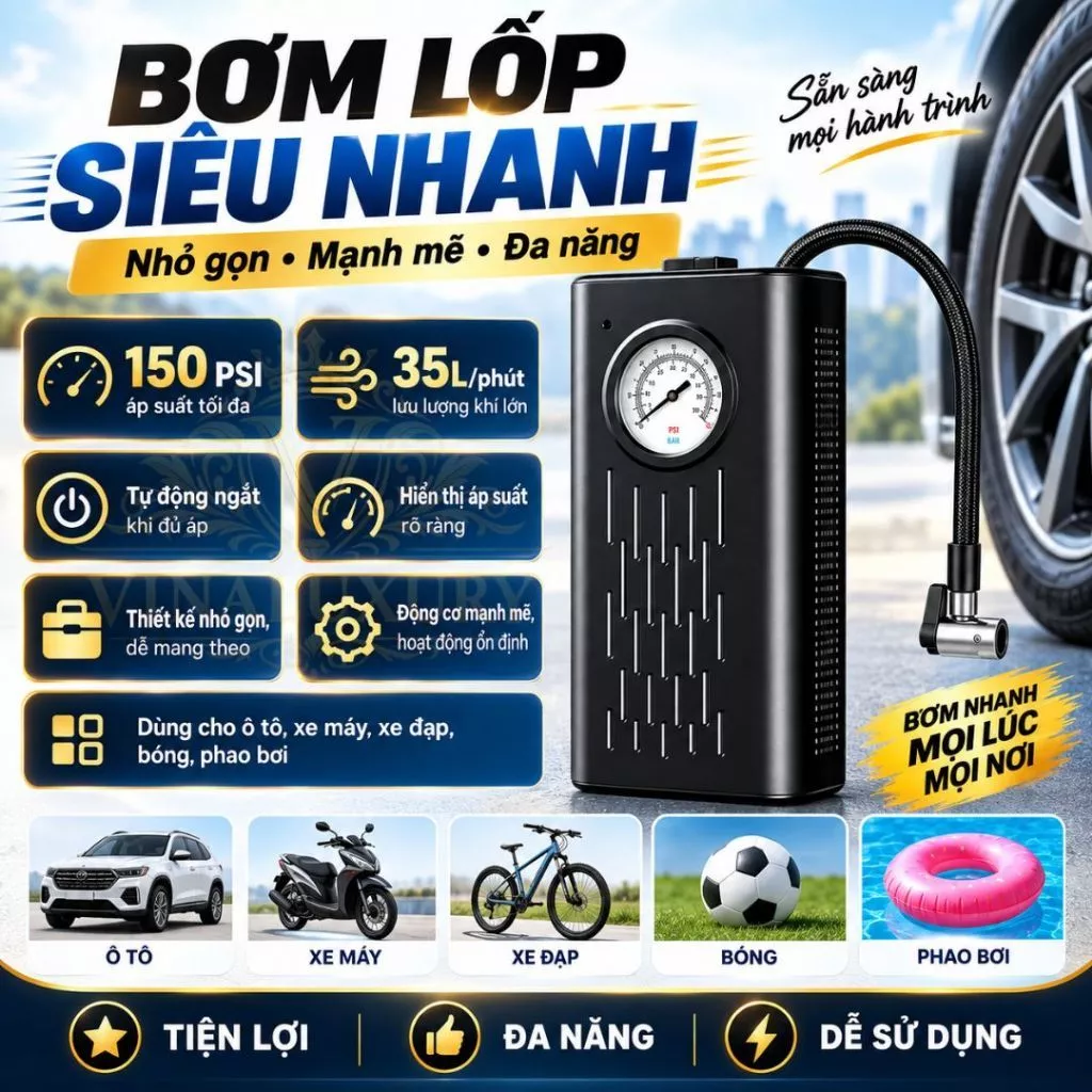 Máy bơm lốp ô tô không dây cầm tay sạc USB ngắt tự động, thiết kế nhỏ gọn công suất lớn