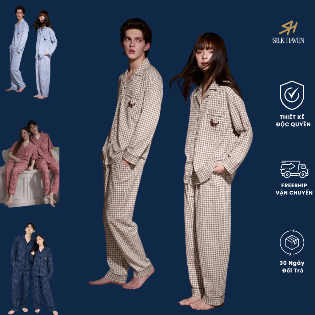 Bộ Ngủ Pijama Đũi Hàn Cao Cấp dài tay nam nữ - BĐ07- Bộ Ngủ mặc nhà cho cặp đôi Chất cotton Đẹp