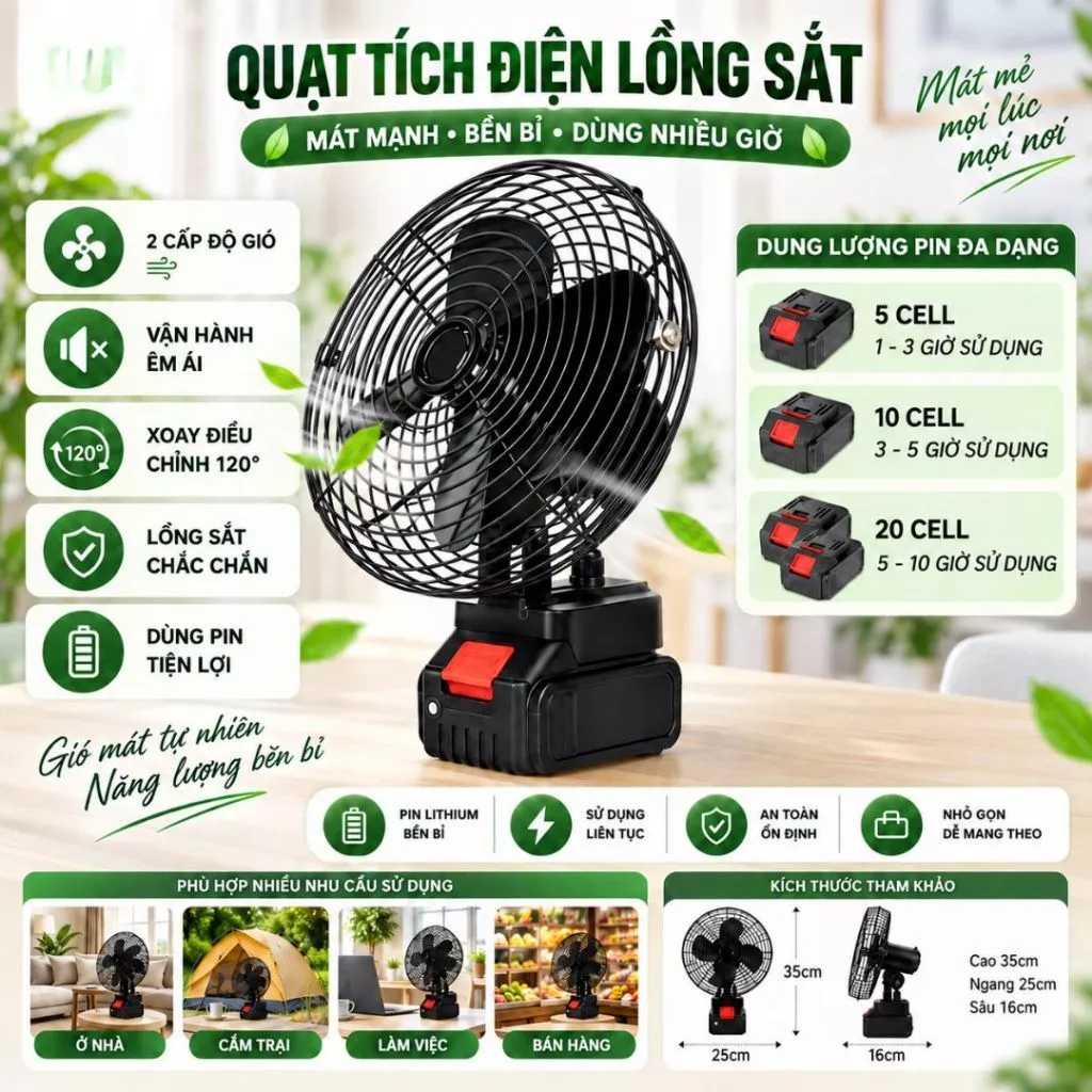 Quạt Lồng Sắt Tích Điện 2 Chế Độ Gió - Quạt Để Bàn - 10 - 20 Cell Sử Dụng Liên Tục Nhiều Giờ