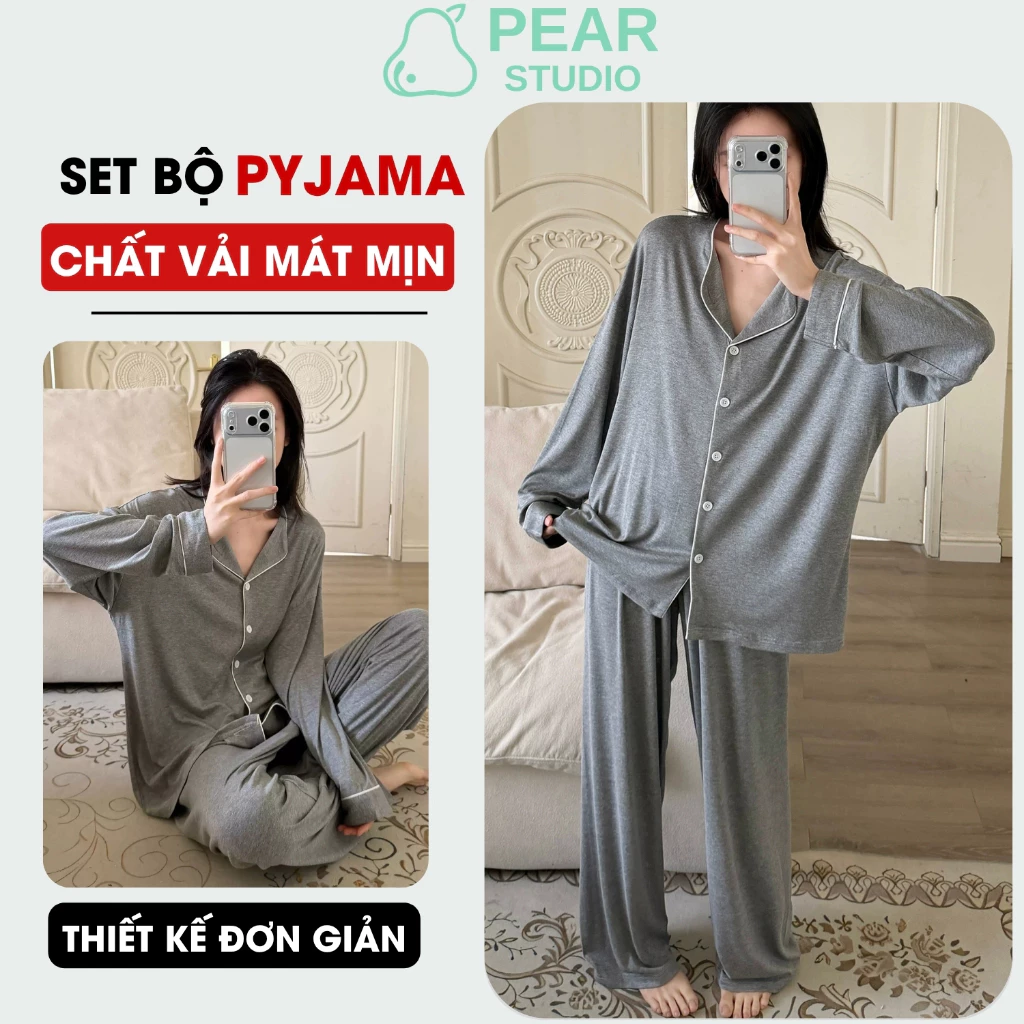 [ HÀNG THU ĐÔNG ] Đồ Ngủ Nữ Dáng Dài Chất Cotton Thoáng Mát, Bộ Ngủ Mặc Nhà Pijama Màu Trơn Basic PEAR SB018