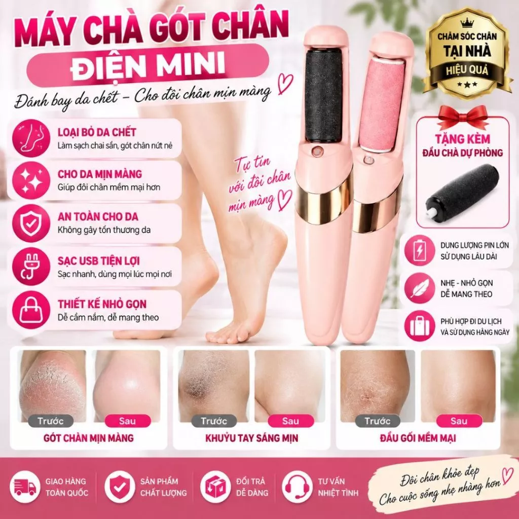 Máy chà gót chân loại bỏ da chết và vết chai, dụng cụ mài gót chân 2 đầu mài, tích điện