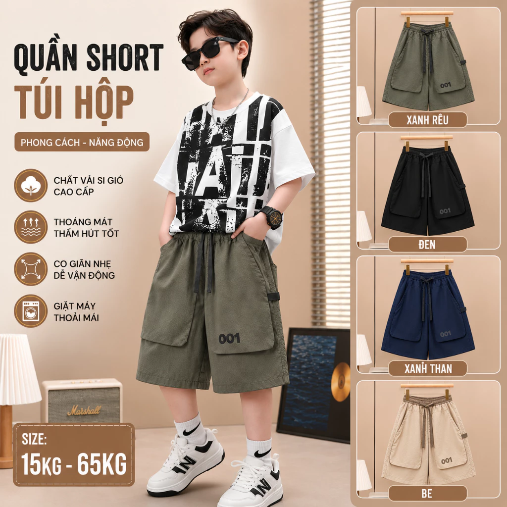Quần Sooc Bé Trai Túi Hộp Form Rộng Size Đại 12-65kg, Quần Đùi Bé Trai Phong Cách Hàn Quốc, Quần Bé Trai Moonbe Q001