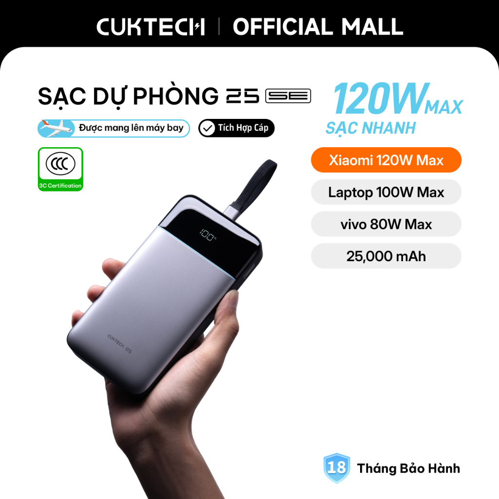 CUKTECH 120W 25000mAh Sạc Nhanh Công Suất Cao Pin Dự Phòng – Hỗ Trợ Xiaomi…