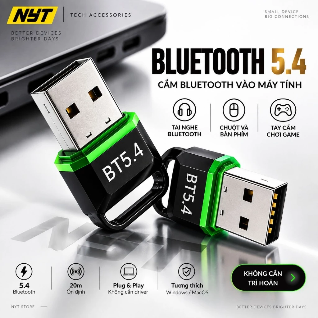 USB Bluetooth 5.4 Cho Laptop, PC Kết Nối Cùng Lúc 7 Thiết Bị NYT N45 - Bảo Hành 12T Đổi Mới