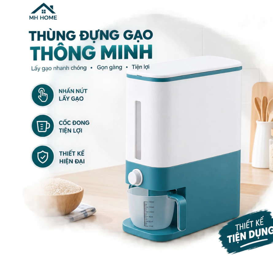 Thùng Gạo Thông Minh MH Home Nhựa PP, Thiết Kế Nhấn Nút Lấy Gạo, Kèm Cốc Đong, Gọn Gàng Tiện Lợi GD
