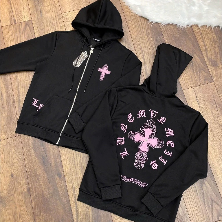 Áo Khoác Hoodie Zip Nỉ Chrome Thập Hồng Logo Chữ In Nhiệt Khóa Kéo Dày Dặn Dáng Rộng Phong Cách Boy Phố Hot Tre
