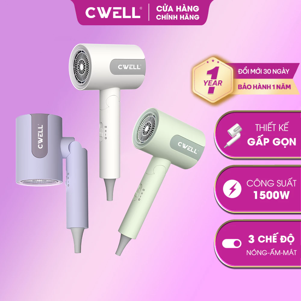 Máy sấy tóc gấp gọn CWELL C15 1500W, 3 chế độ sấy, sấy nhanh khô, tạo kiểu dễ dàng, thiết kế cao cấp