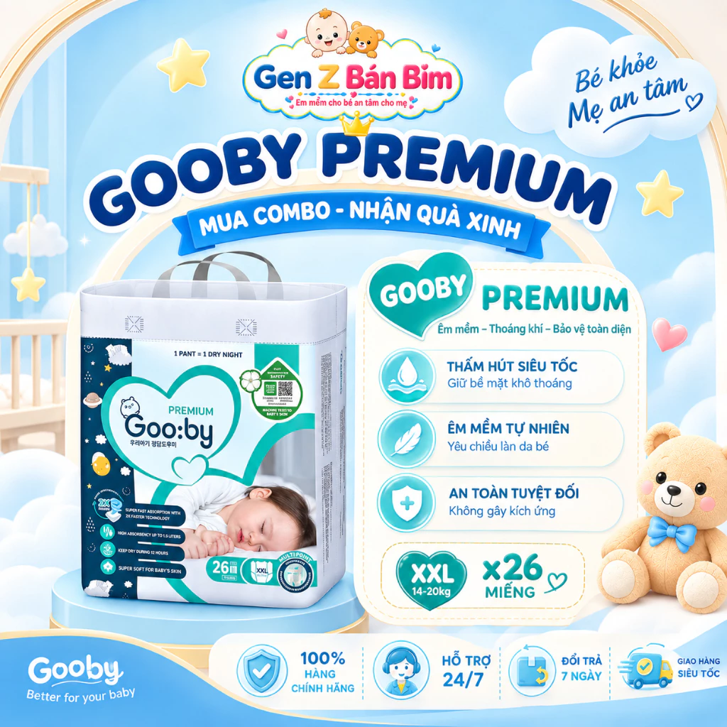 [Mua 3 Bịch]Tã/Bỉm Gooby đêm, siêu thấm hút, an toàn, mềm mại, dành cho bé từ 4kg-35kg