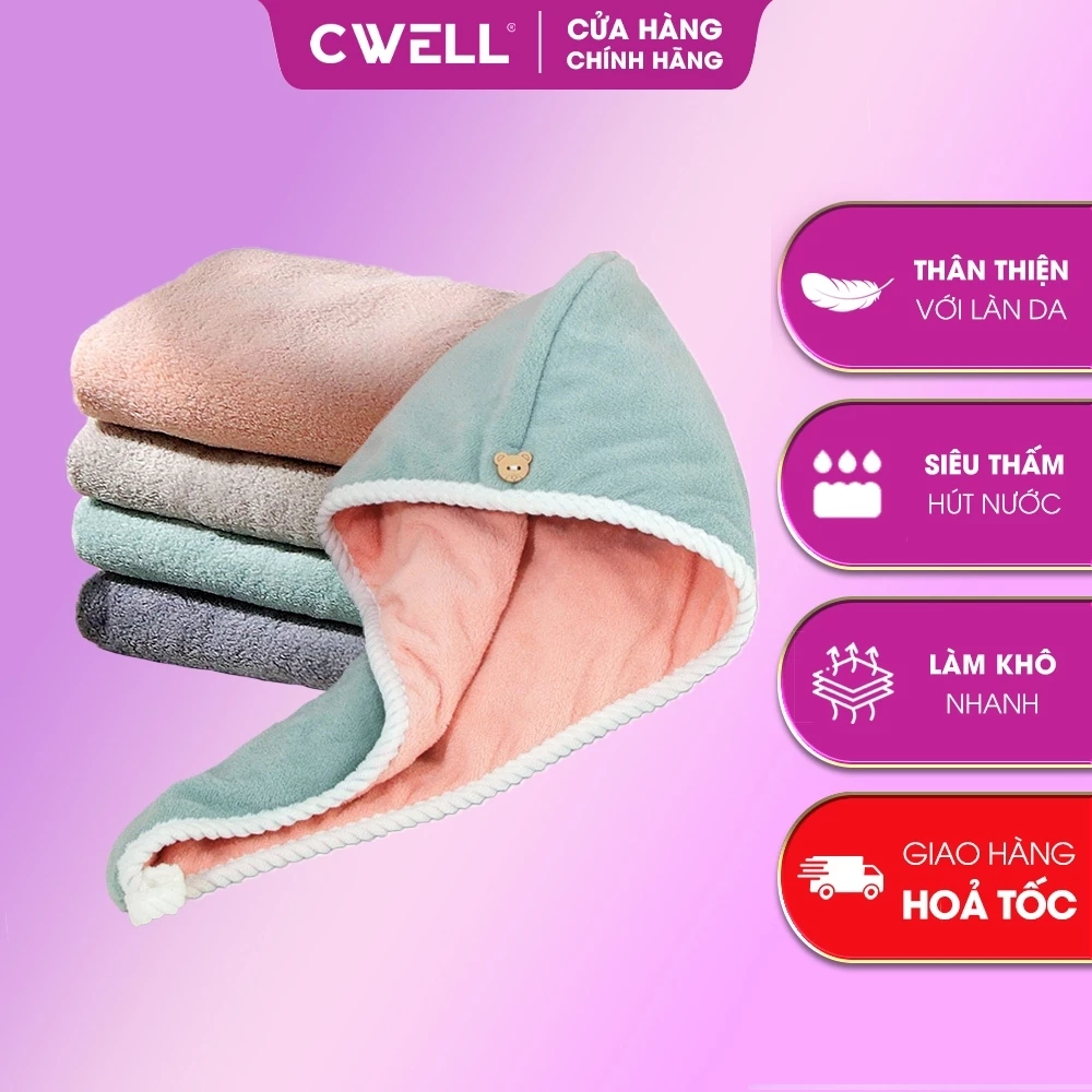 Khăn quấn tóc ủ tóc nhanh khô CWELL, lông cừu san hô siêu mềm, siêu thấm, siêu dày 25x65cm C03PK