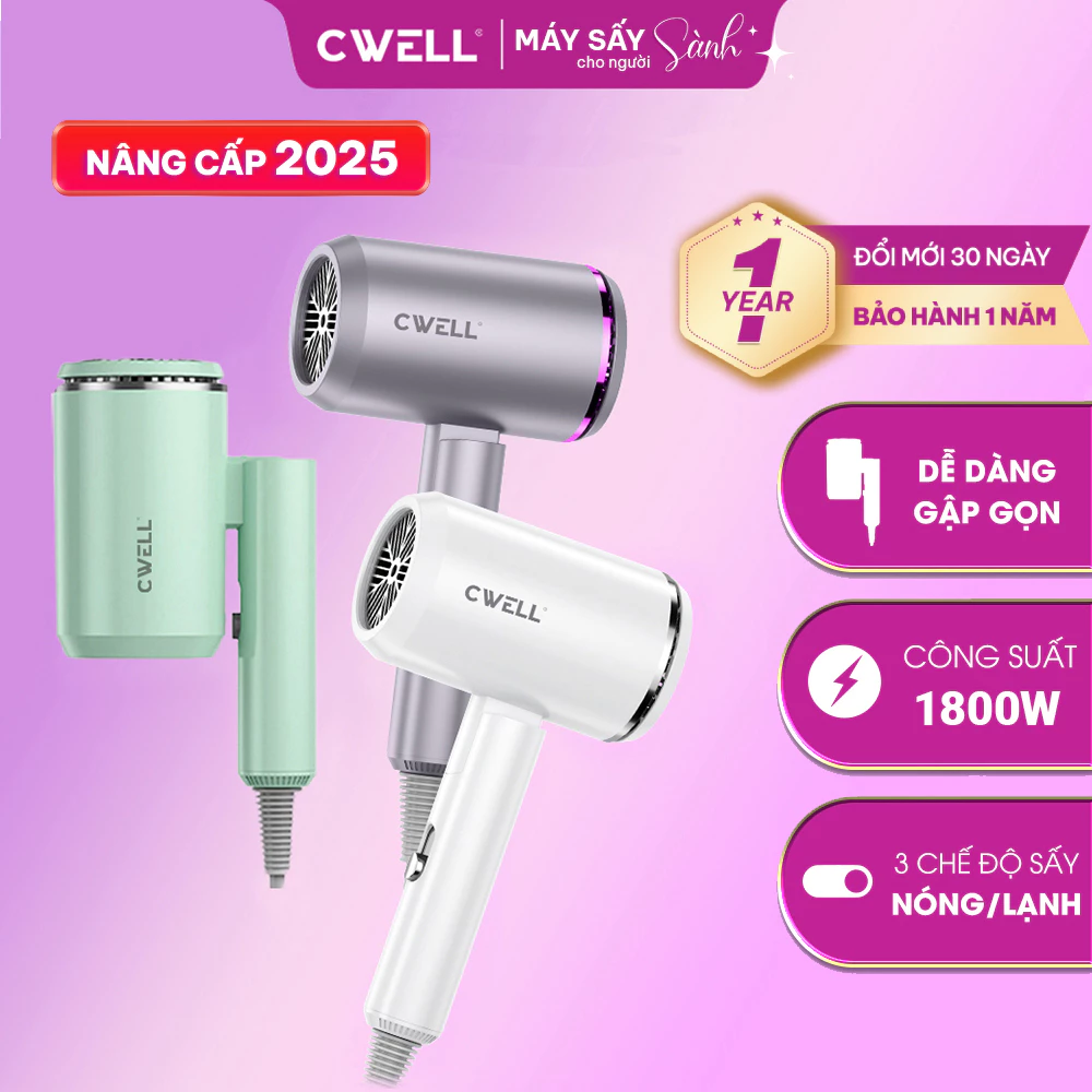 Máy sấy tóc mini CWELL C05HD 1800W gấp gọn, sấy nhanh, 3 chế độ nóng ấm mát, kiểm soát nhiệt NTC