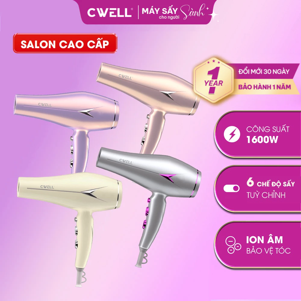 Máy sấy tóc ion âm CWELL C22, công suất 1600W, 500 triệu ion âm, 6 chế độ sấy khô nhanh, bảo vệ tóc
