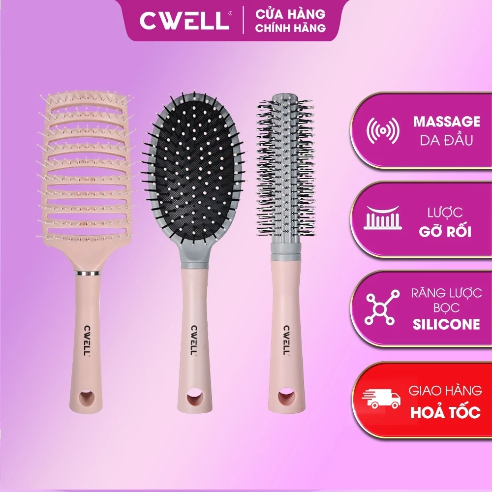 Lược chải tóc gỡ rối CWELL lược massage có đệm khí, tạo phồng tạo kiểu cho tóc xoăn C01PK