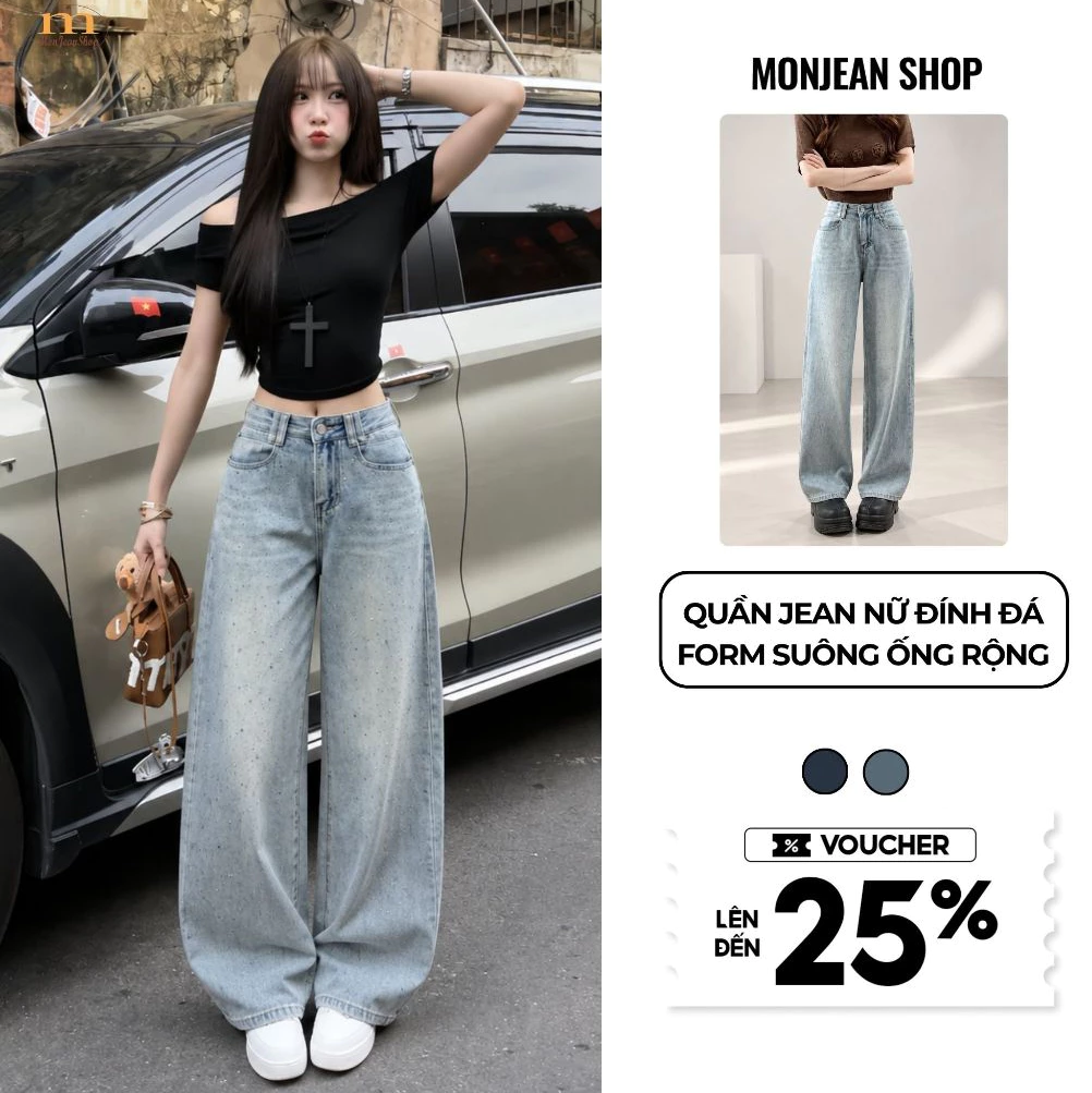 Quần Jean Nữ Ống Suông Rộng Bigsize 55-90kg Đính Đá Sang Trọng, Kiểu Quần Bò Form Dáng Ống Rộng Bigsize Ms241