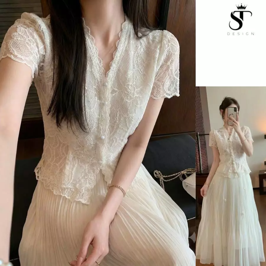 (Ren QC) Áo sơ phối viền ren cổ V thanh lịch dáng ngắn - ST Design - SKU 105