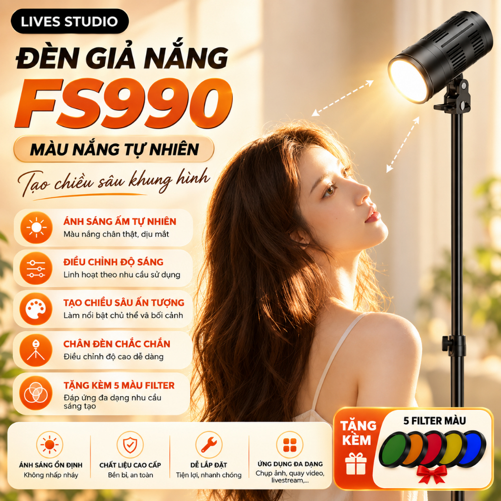 Đèn Giả Nắng FS990, Hiệu Ứng Nắng Màu Tự Nhiên Dùng Chụp Ảnh Studio, Chụp Ảnh…