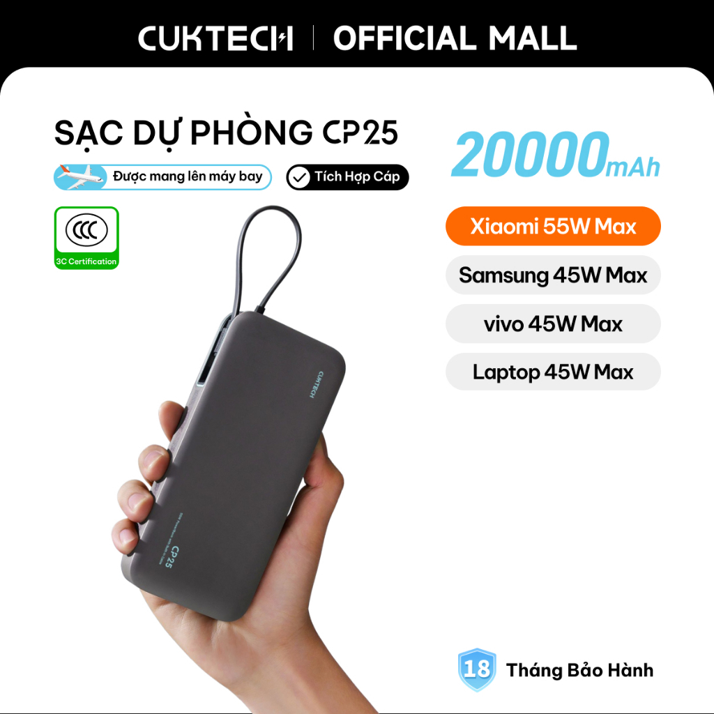 CUKTECH Sạc Nhanh 55W 20000mAh – Tích Hợp Dây, Hỗ Trợ Xiaomi 55W Samsung 45W…