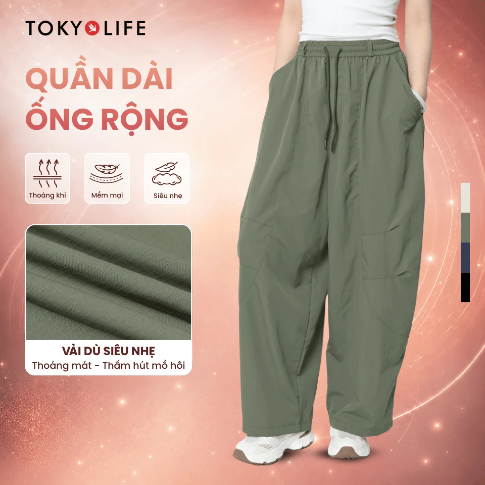 Quần dài ống rộng nữ TOKYOLIFE có dây chun, chất vải dù nhẹ thoáng mát thiết kế thời trang 40005378