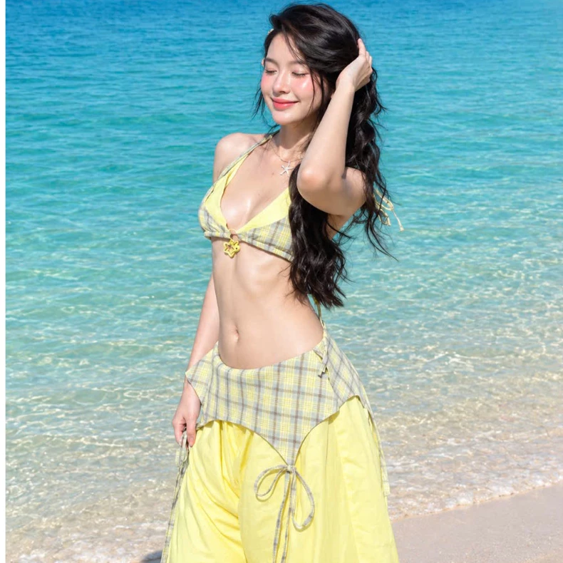 Sét Bikini, Đồ Bơi  3 Món, gồm Bộ bikini tam giác kèm quần dài ống rộng Aliba Lanbi LB83