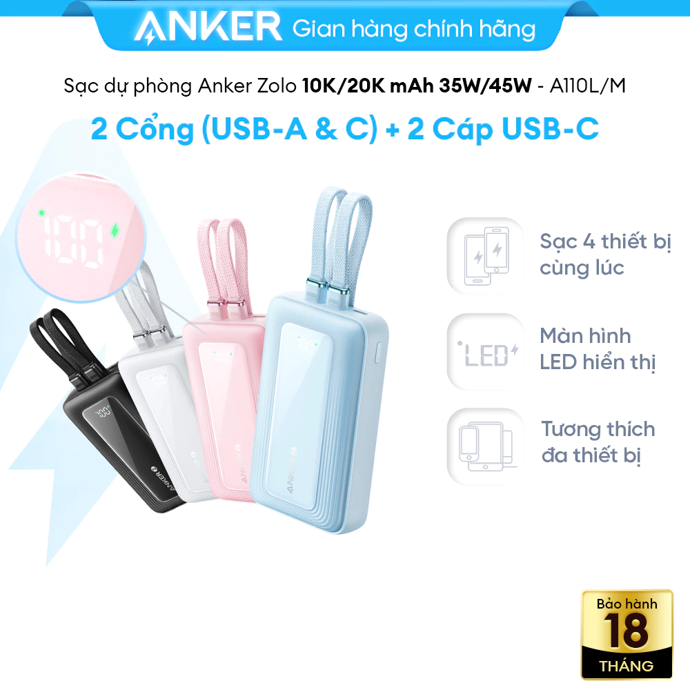 [LIVE] Sạc dự phòng ANKER Zolo 20kmAh 45W | 2C 1C1A | Tích hợp 2cáp USB-C cho iP15/16/17/Samsung | Sạc nhanh- A110M/L