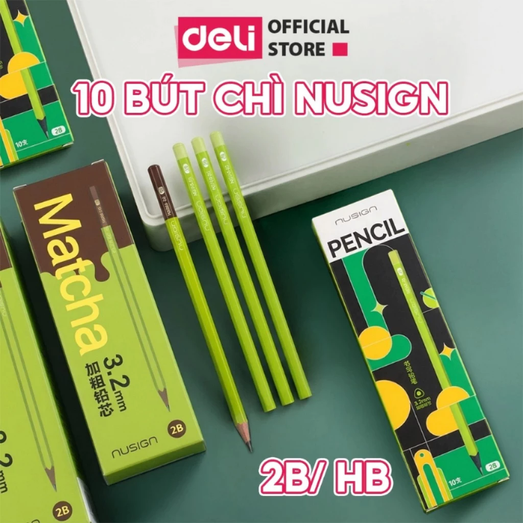 Hộp 10 Bút Chì Gỗ Matcha Socola 2B HB Deli Nusign Thân Lục Giác Ruột Đậm Không Gãy Khi Chuốt Nhọn