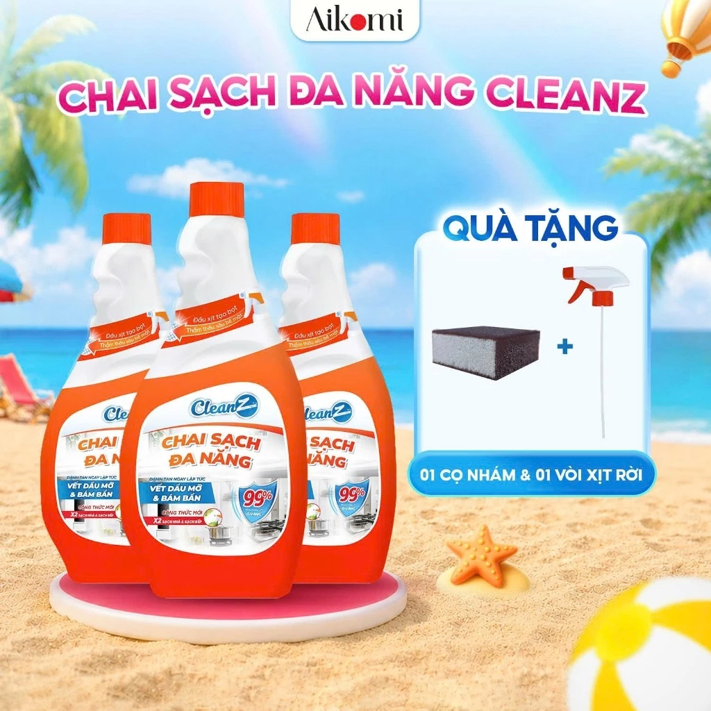 [VÕ HÀ LINH x Aikomi] COMBO 3 chai sạch đa năng nhà bếp có vòi CleanZ - 450ml/chai tặng Cọ nhám