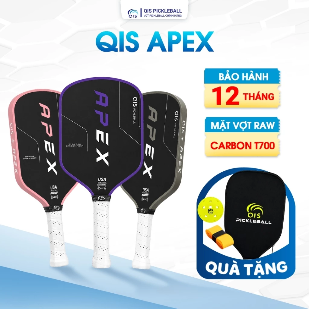 Vợt Pickleball QIS APEX - Mặt Carbon T700 Raw Cao Cấp, Dày 16mm, Kiểm Soát Tốt, Tạo Xoáy Mạnh