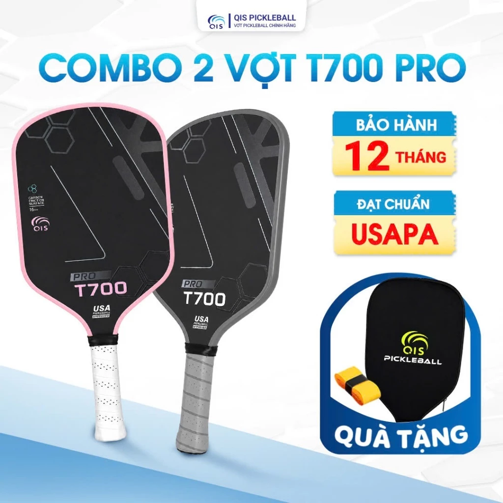 Combo 2 Vợt Pickleball Qis T700 Pro Carbon 16mm Đạt Chuẩn USAPA - Vợt Pickleball Cho Người Mới Chơi